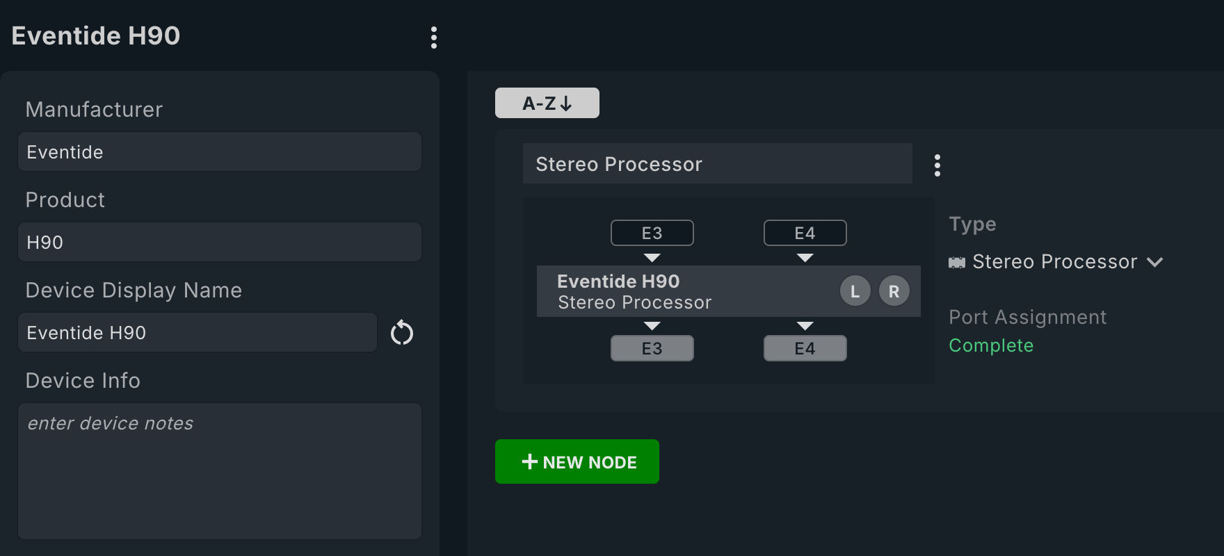The Device editor with a stereo Processor Node
