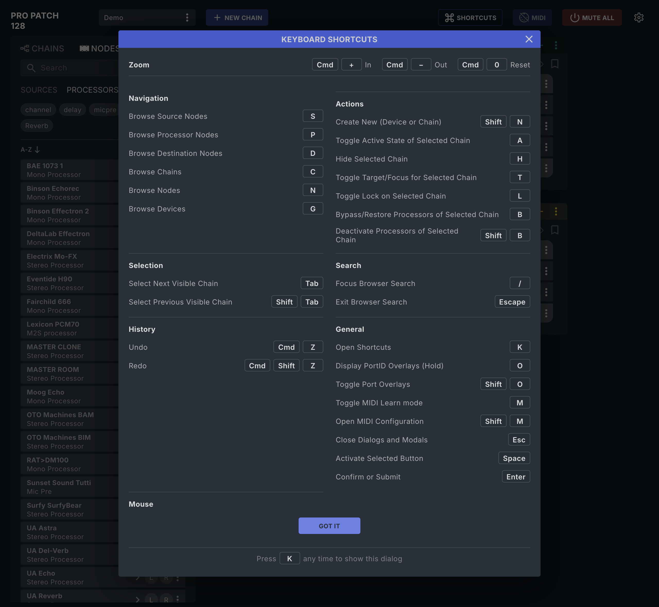 Keyboard and mouse shortcut dialog