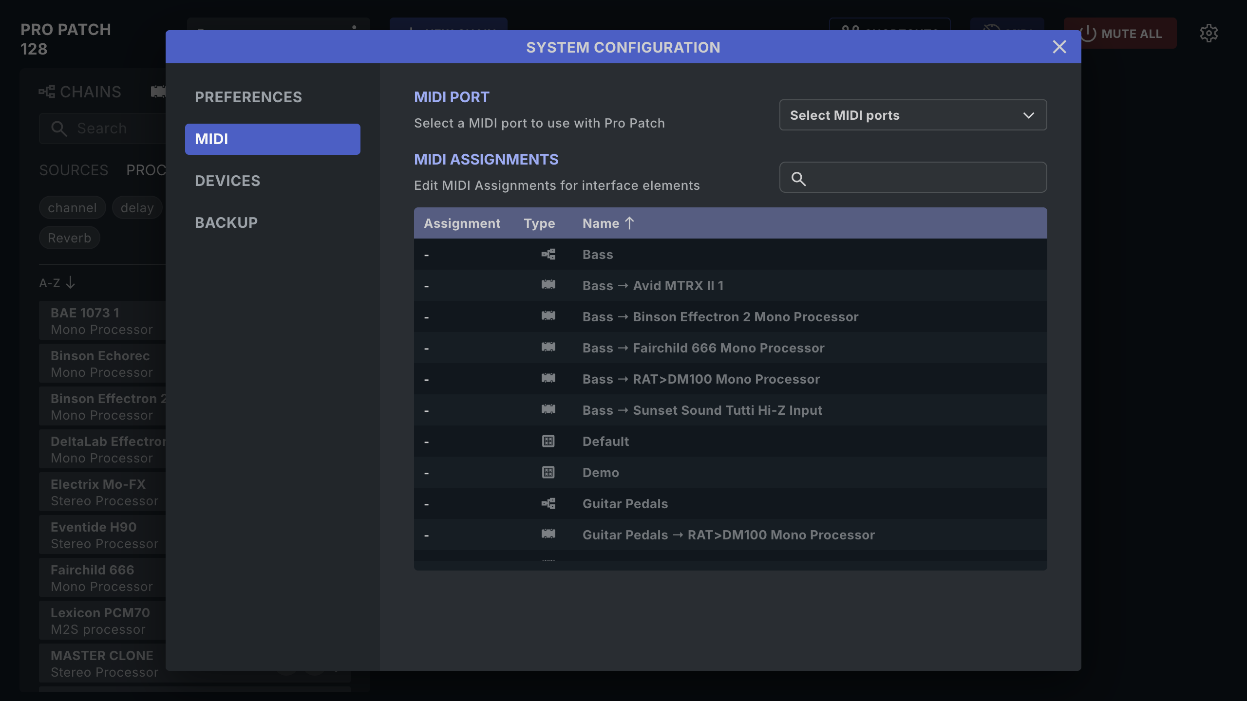 MIDI assignments in System Configuration