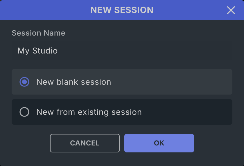 The NEW SESSION dialog with a Session Name entered