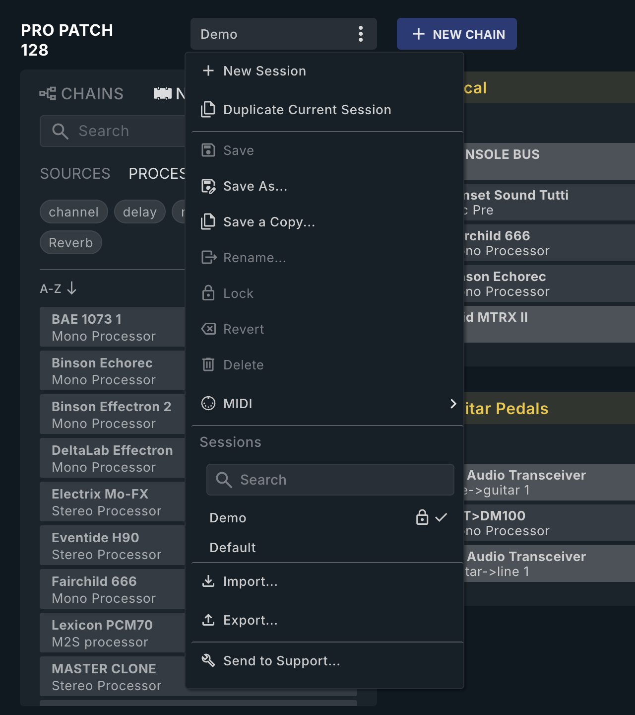The Session menu