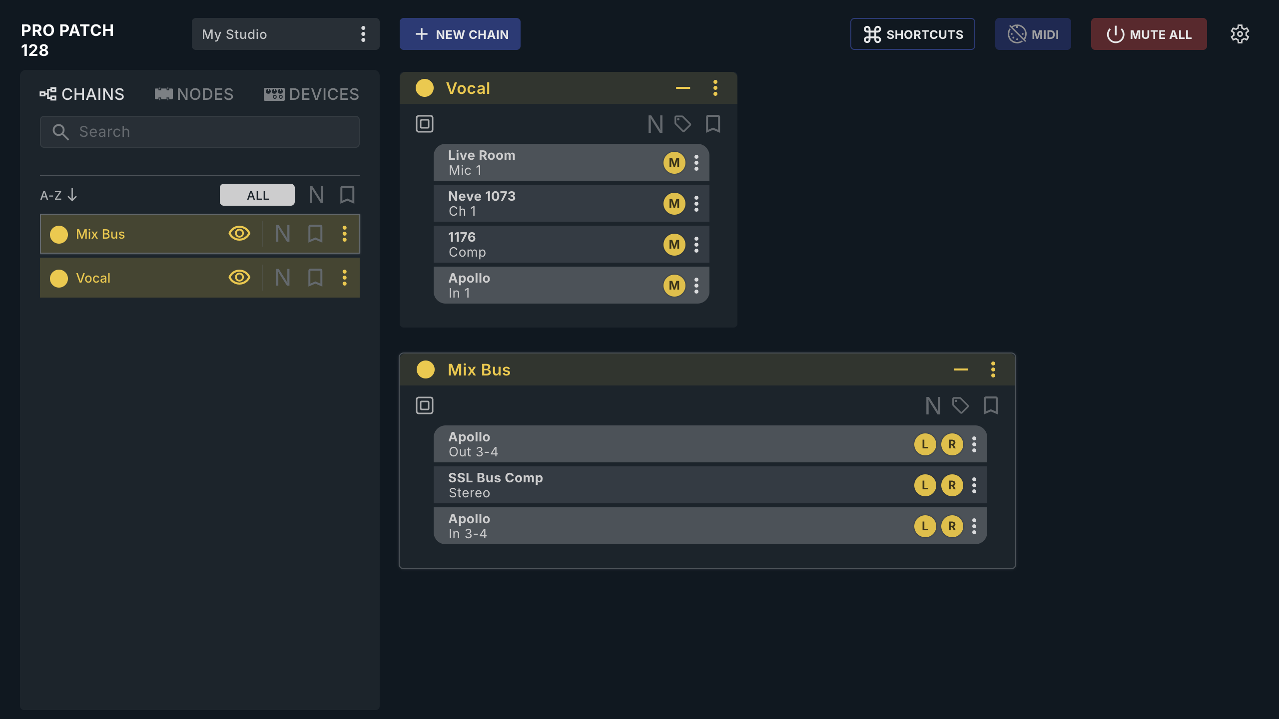 The ProPatch app showing two Chains, Vocal and Mix Bus