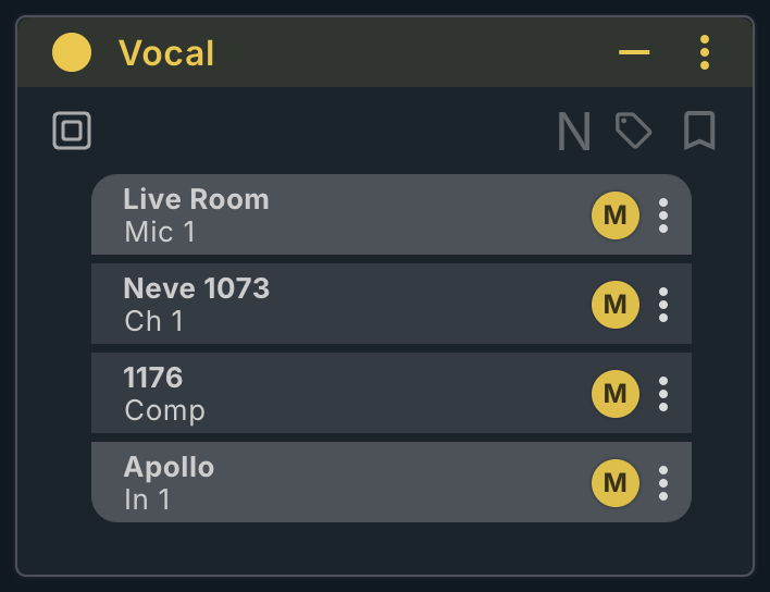 The Vocal Chain in the ProPatch app: Live Room Mic 1, Neve 1073 Ch 1, 1176 Comp, Apollo In 1, all active