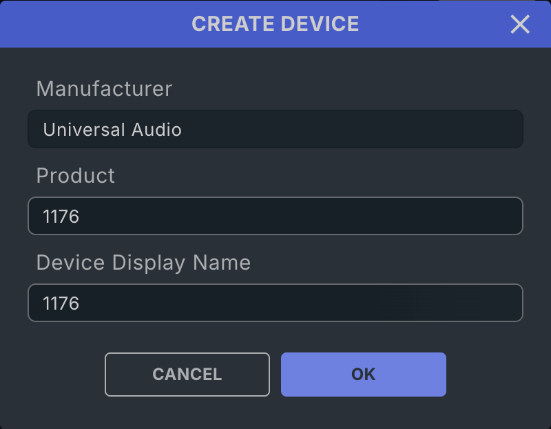 The CREATE DEVICE dialog filled in for a Universal Audio 1176