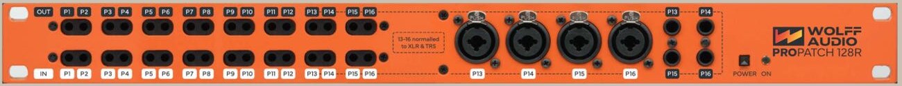 ProPatch 128R front panel: two rows of TT jacks, four XLR combo inputs, four quarter-inch TRS outputs, and the power button