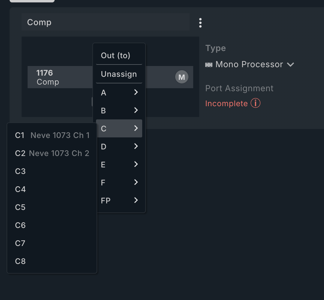 The port menu open on the 1176's Out (to) box, with Port C expanded to show channels C1 to C8